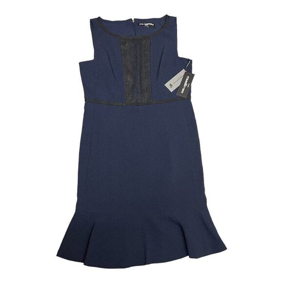 Karl Lagerfeld Dress Women’s 10 Navy Blue Lace Sleeveless Ruffle Sheath Office - Picture 2 of 13